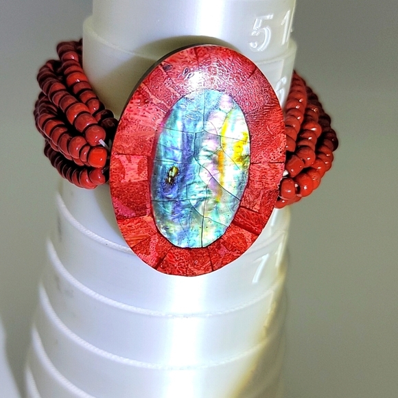 Abalone Red Sponge Coral Seed Beaded Stretch Bracelet Beads Petite - Picture 3 of 8